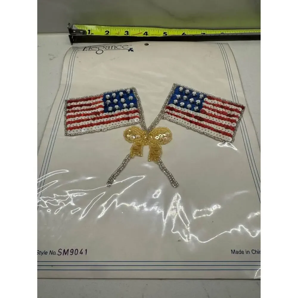 Elegance Vintage New Double American Flag Sequin Appliqué patches - lot of 6